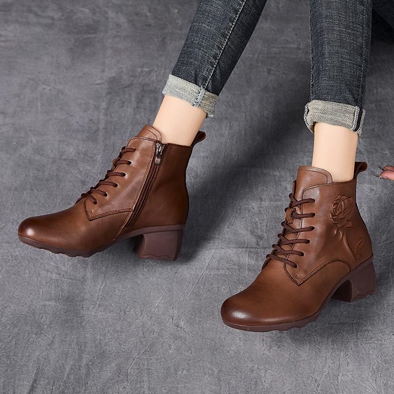 Fashion GKTINOO Spring Autumn Women Boots Genuine Leather High Heels Ankle Boots For Women Shoes Retro Handmade Zipper Short Boots