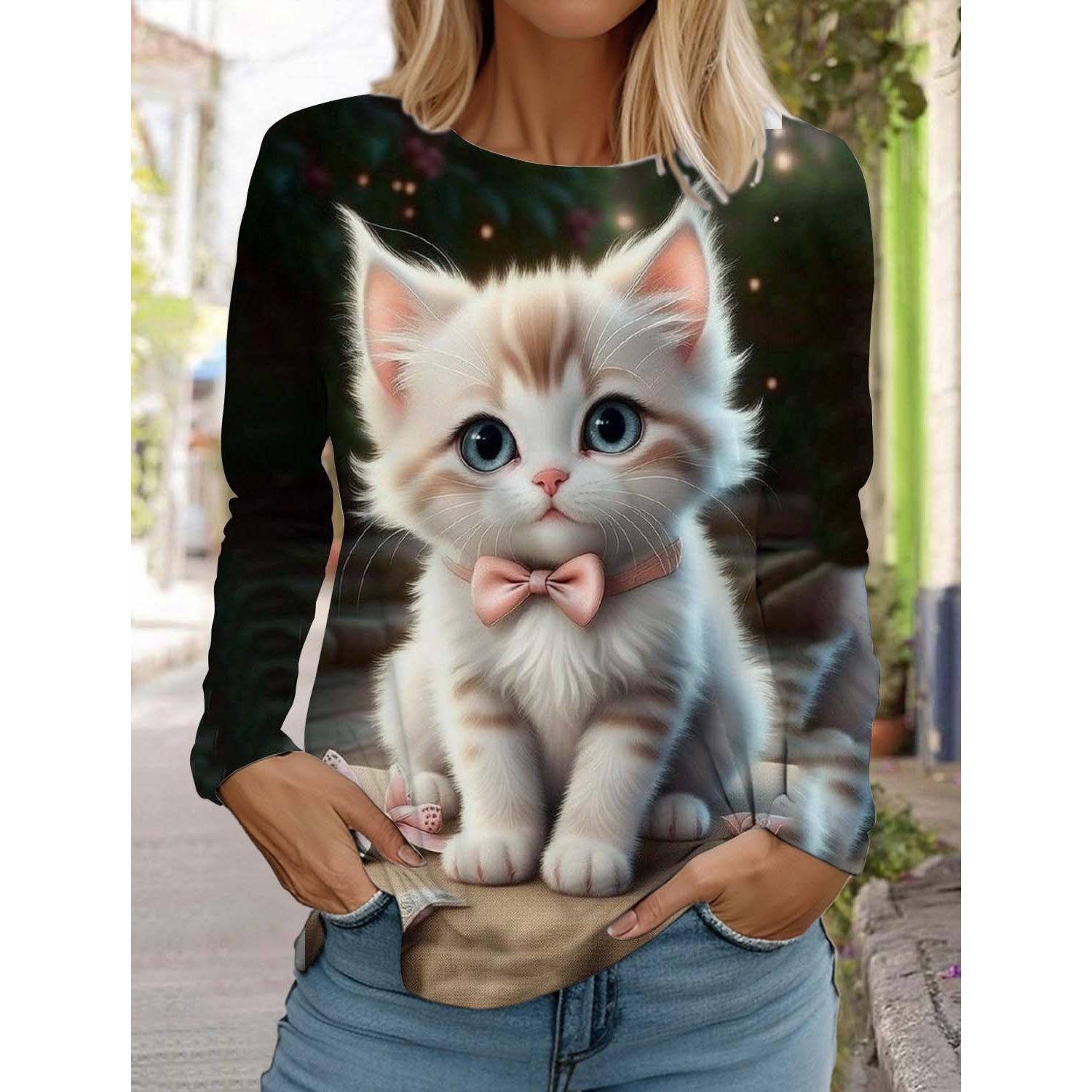 

Рождественская милая кошка женская футболка с длинным рукавом круглый вырез осень животная одежда фестиваль мода вечеринка футболка топ 4XL