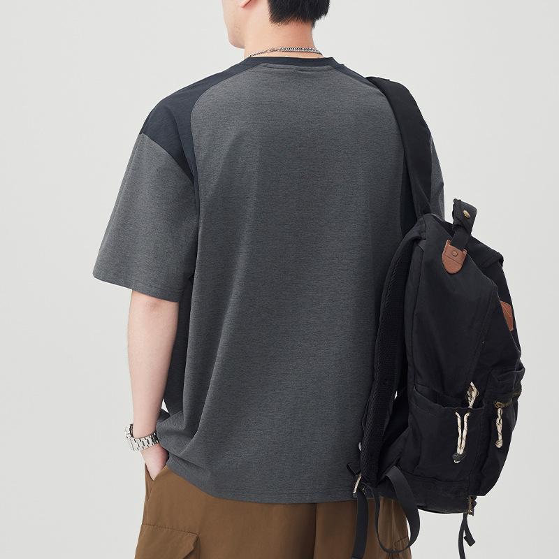 New Summer Color-blocking Short-sleeved T-shirt for Men's Japanese Retro Loose Five-point Sleeve Casual