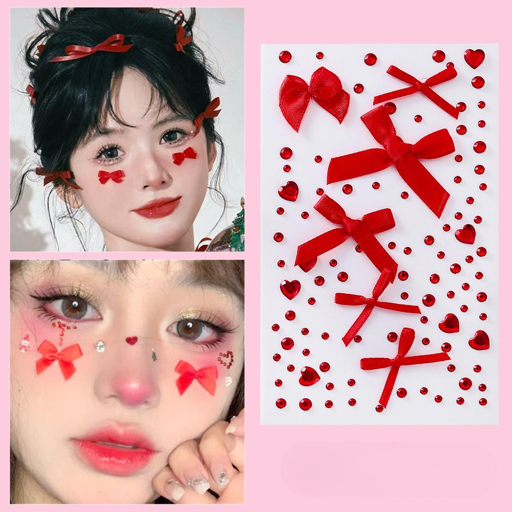 Ins Face Sticker Face Jewelry Organza Bow Resin Round Diamond Pearl Jewelry Eyebrow Sticker Lip Sticker