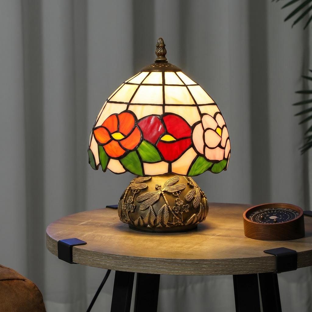Handcrafted Classic Stained Glass Bedside Lamp Tiffany Style Table Lamp With Sculpted Dragonfly Base Multi Coloured