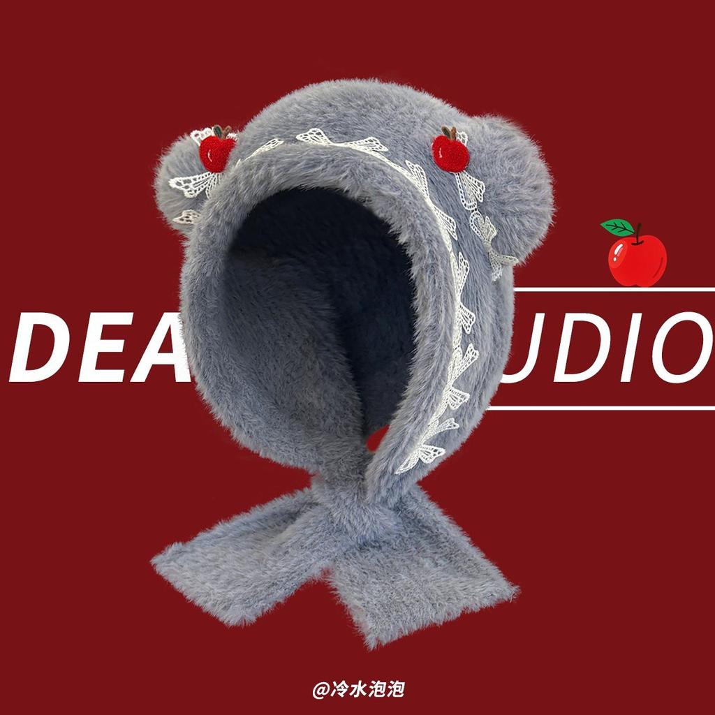 Winter Verdickte Behaarte Bärenohren Pullover Mütze Kinder Neu Apfel Spitzkante Nackenschutz Schleife Mütze Tide