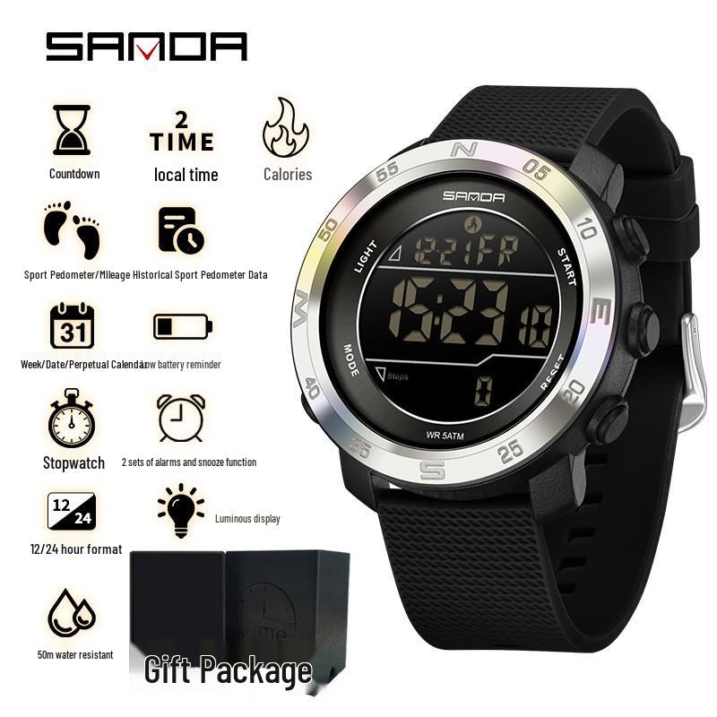 Sanda Sports Multifunctional Waterproof Pedometer Watch with Timer, Alarm, and Night Light
