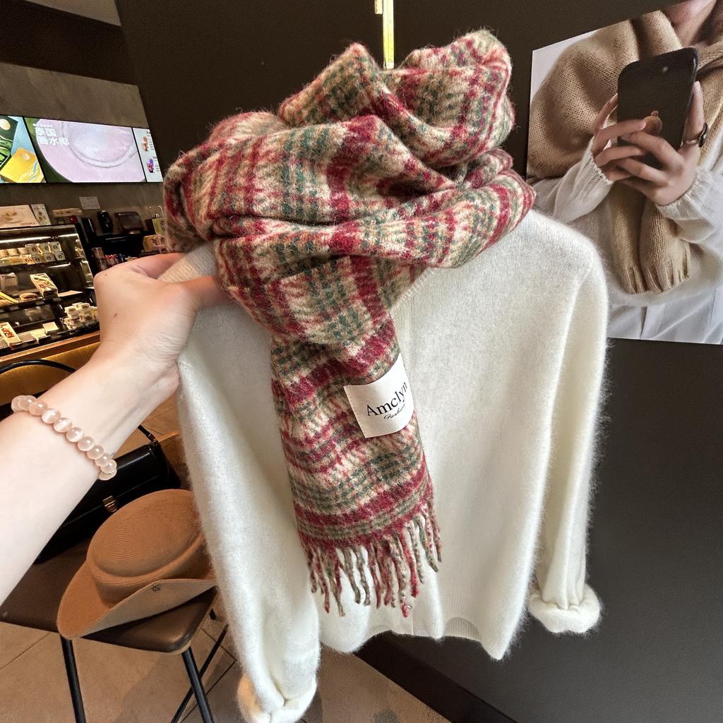 British Versatile Wool Blended Plaid Scarf for Women in Winter Red and Green Striped Outer Shawl High End Warm Scarf