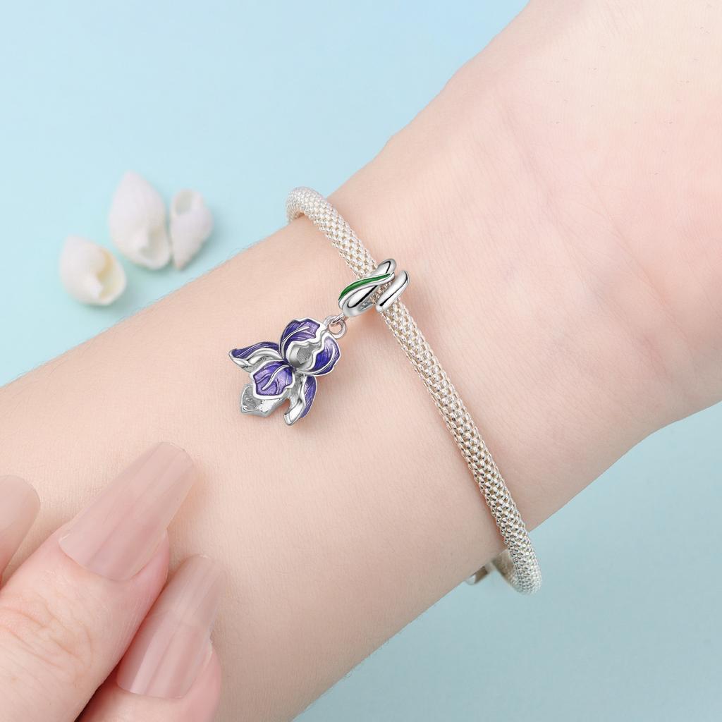 Copper Purple Iris Flower Pendants Bracelet Charms Fit Women Jewelry Party Beads Diy Exquisite Gifts Accessory