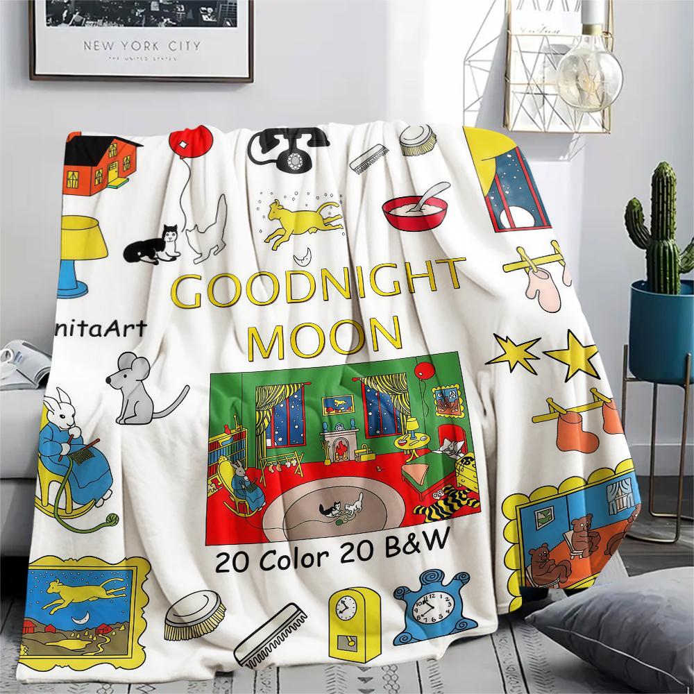 1PC Goodnight Moon Print Flannel Blanket, High quality All Seasons, Home Decor, Warmth and Comfort, Perfect for Christmas Gifts