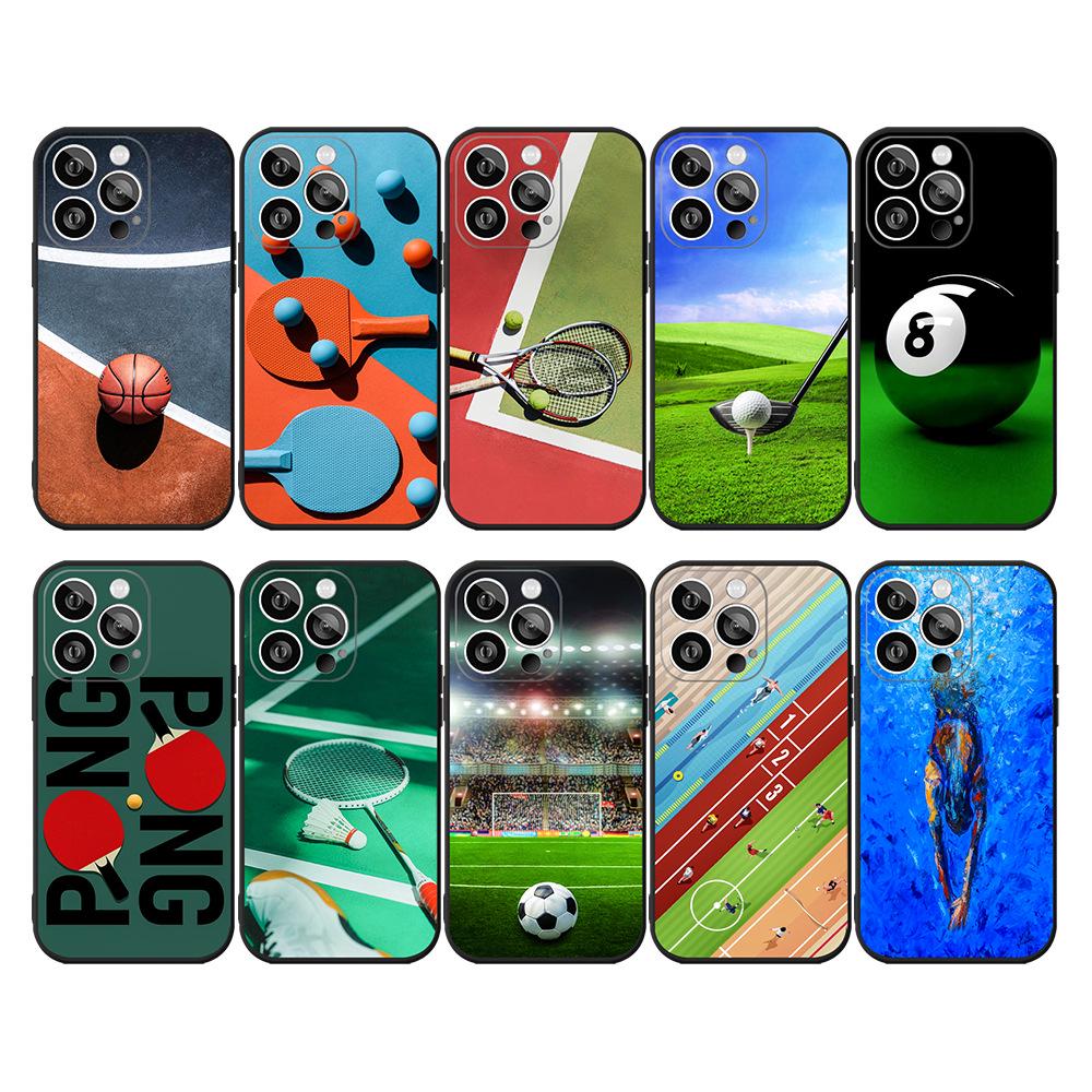 Black Frosted Apple 13 Pro Max TPU Phone Case with Basketball & Football Design
