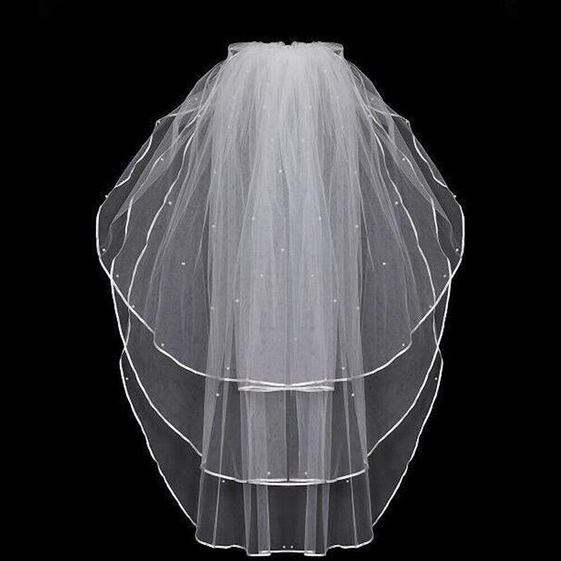 

3 Tiers Wedding Bridal Ribbon Edge and Sticky Beads Veil cathedral wedding veil big veils for muslim women wedding black veil слоновая кость