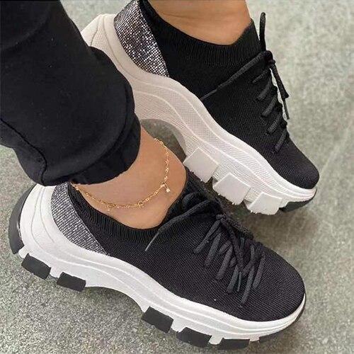 Cheap Women Bling Mesh Platform Sneakers Ladies Lace Up Casual