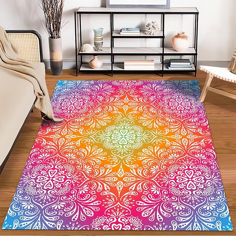 Rainbow Gradient Mandala Pattern Rug with Intricate White Designs Suitable for use as an anti-slip for living room bedroom sofas