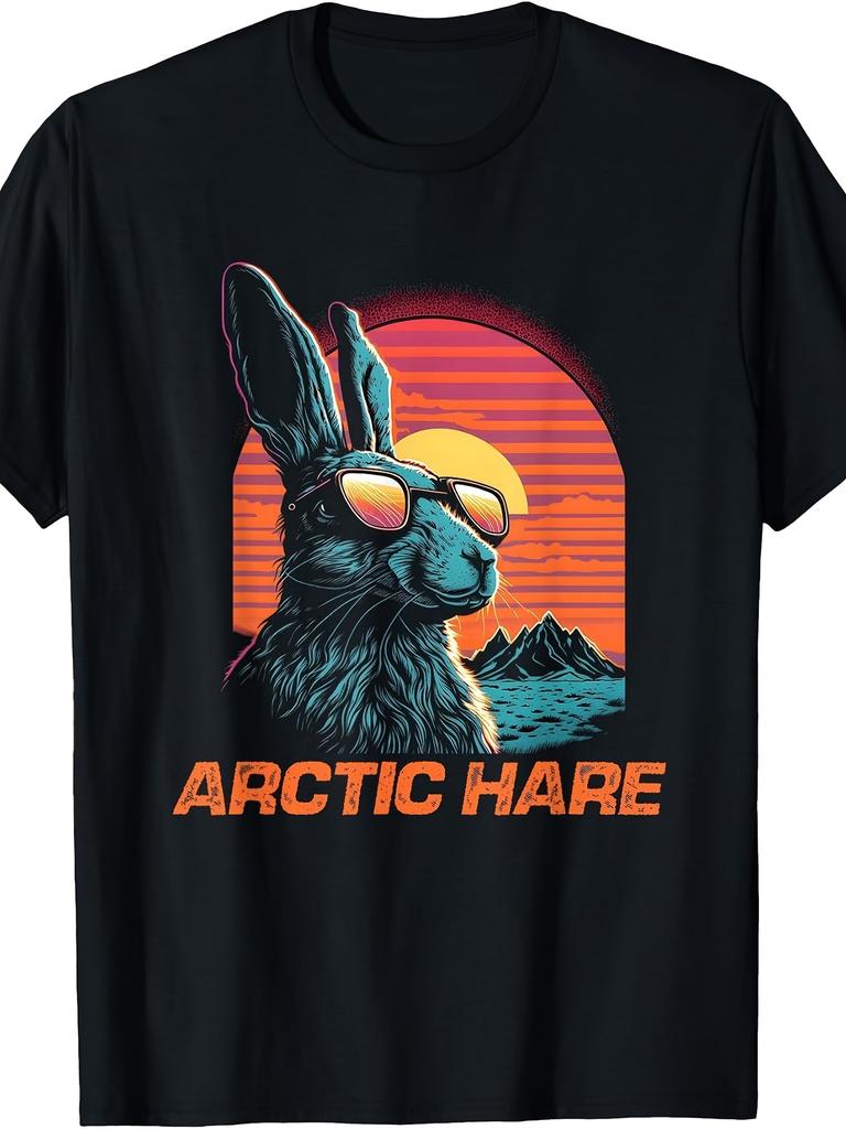 Retro Vintage Style, Men's T-Shirt, Arctic Hare with Sunglasses Sunset Graphic, Summer Casual Wear