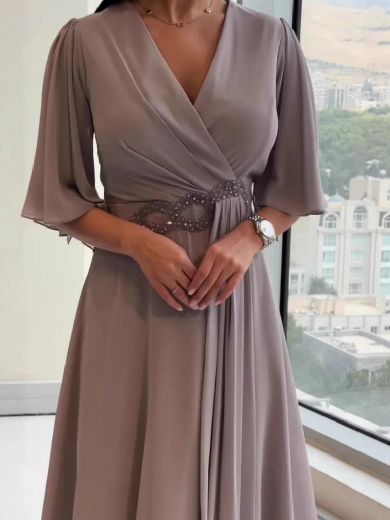 Women's New Style V-Neck Ruffled Dress Fashion Solid Color Long Dress Gentle