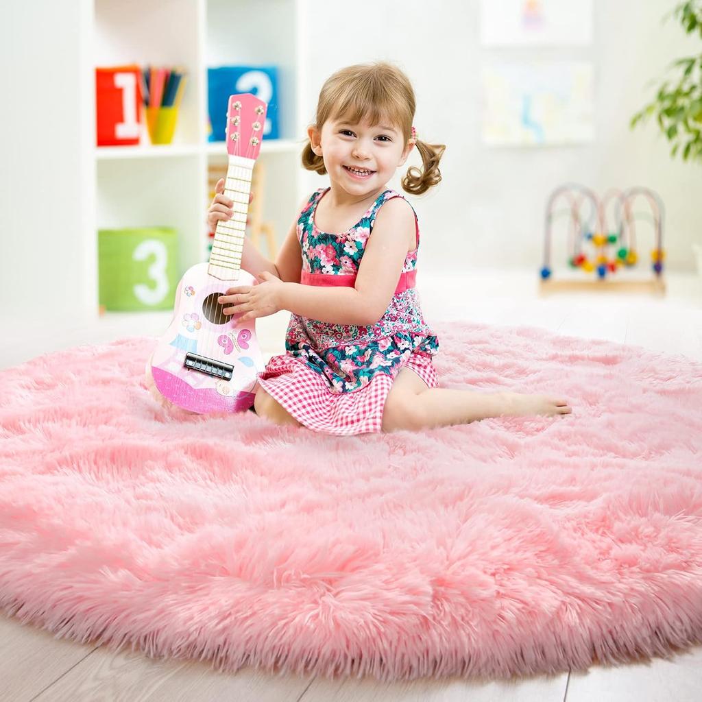 Pink Round Carpet Fluffy Soft Area Floor Mat Children Girls Room Princess Castle Plush Carpet Living Room Home Decor