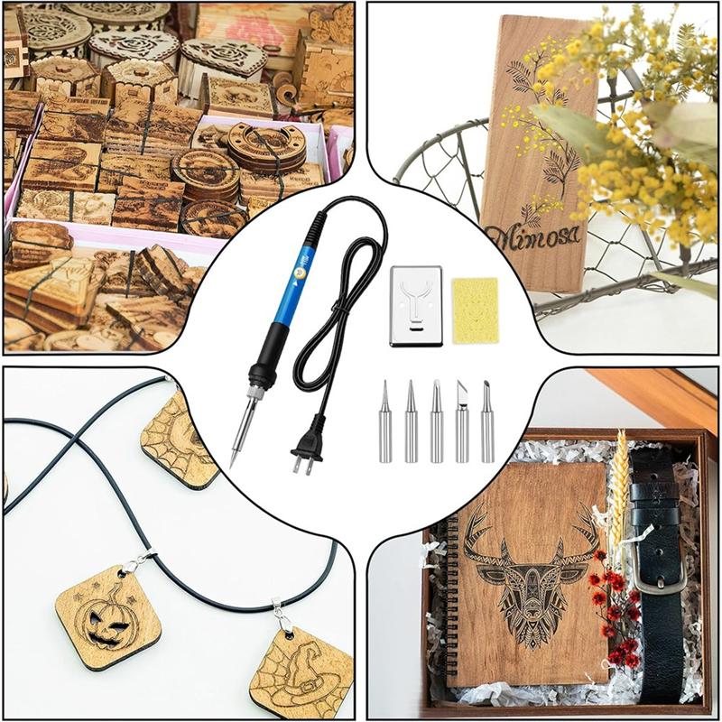 A25F-Wood Burning Kit, 6 - Temp Adjustable Iron With 5 Tips & Sponge, For Pyrography Art & DIY Wood Crafts US Plug