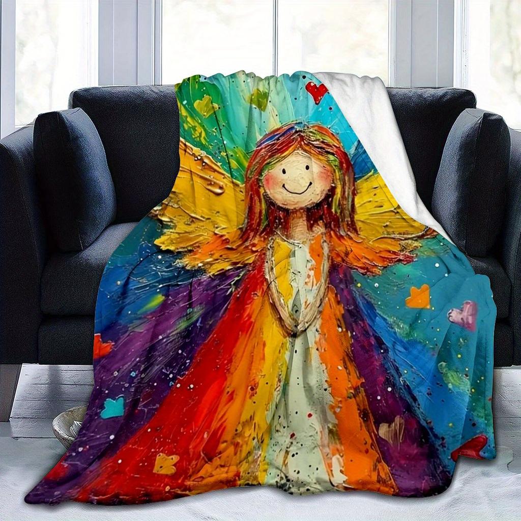 Anime Angel Pattern Throw Blanket - Soft Cozy Art Print Aesthetic Accent for Sofa Bed Air Conditioning Office Nap Gift