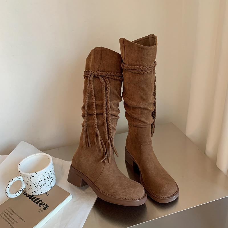 Coarse Heel Thick Bottom Tassel Boots Strap Skinny Frosted Brown Pile Boots Tall Boots Winter Western Boots