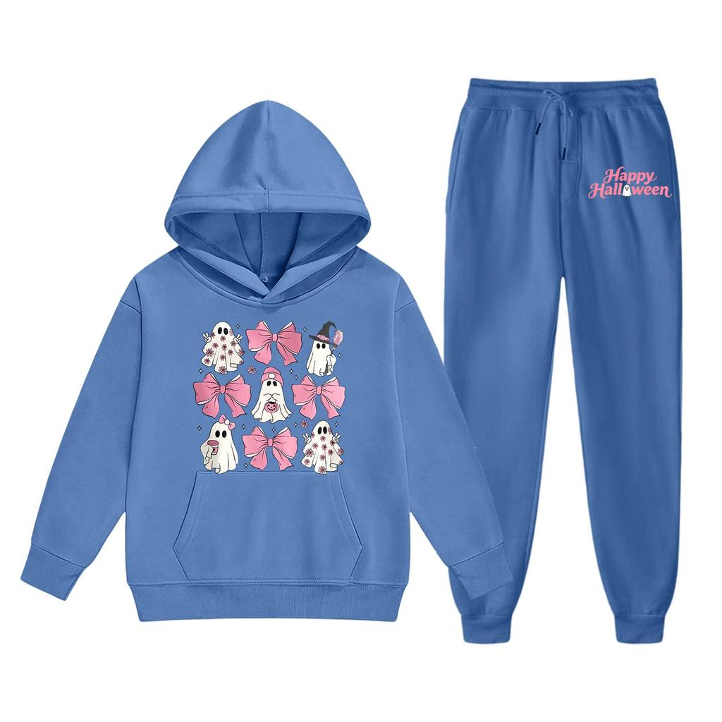 Kids Halloween Hoodie and Pants Set Ghost Print Pullover Sweatshirt with Hooded Top and Elastic Waist Bottom for Children