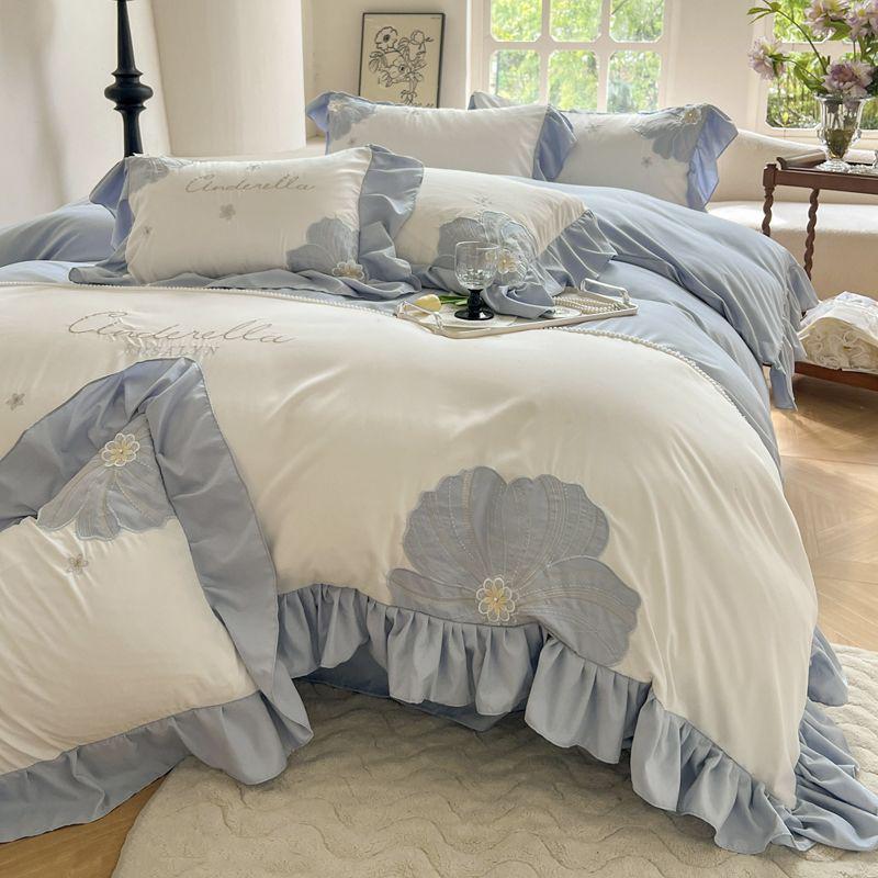 G5Z Koreanisches Prinzessinnen-Sonnenblumen-Stickbettwäsche-Set - Große Bettbezug & Spannbettlaken, Mädchenhaftes Vierteiliges Set