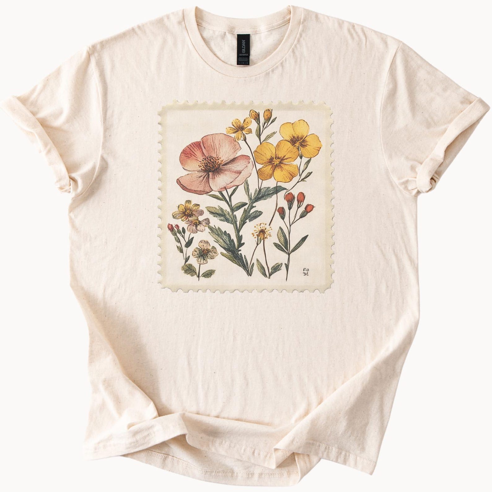 Wildflower Graphic T Shirt Botanical Garden Print Cream Floral Tee Artistic Nature Inspired Shirt Gift for Her Hand Drawn Flower Art 120
