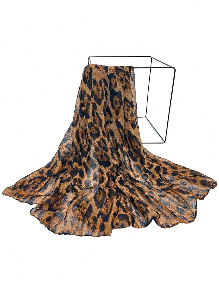 Boho 1Pc Fashionable Leopard Print Batik-Style Soft Lightweight Women'S Scarf Shawl Suitable For Daily Commuting & Outdoor Wear