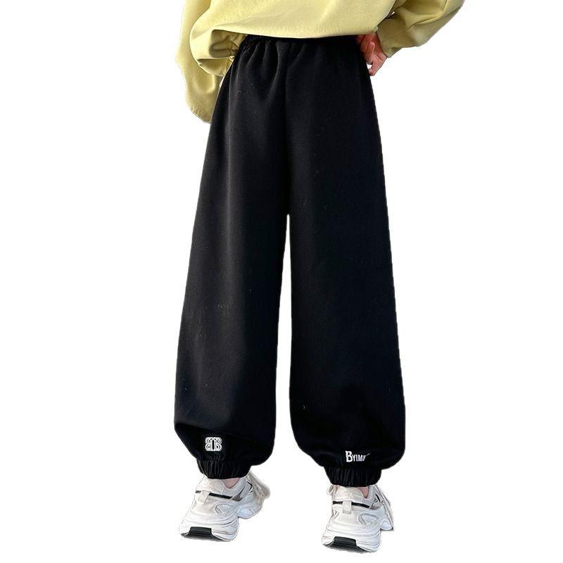 Girls' Versatile Black Sweatpants - Spring/Autumn Style, Loose Fit Casual Pants for Middle and Big Kids