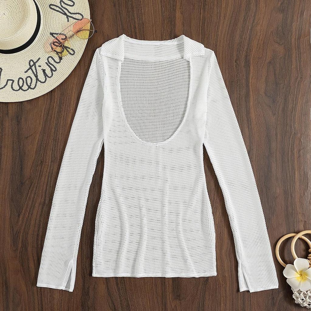 European & American Style Women's Long Sleeve Hollow-out Swimsuit Cover-up In High Elastic Nylon Cornflower
