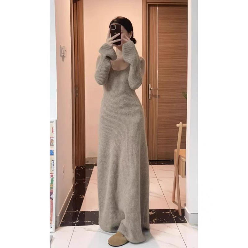

Ретро Ленивый Ветер Длинный Рукав Вязаное Платье Женское Осень и Зима Темперамент Внутреннее Длинное Платье Талия Свитер Нижнее Платье XL верблюд