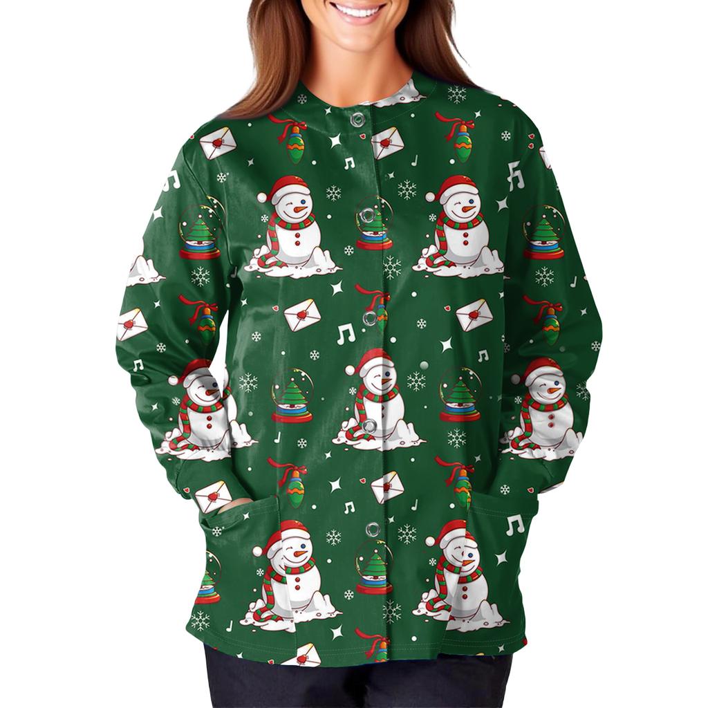 Damska codzienna moda długi rękaw stójka jednorzędowa kurtka robocza topy z nadrukiem świątecznym