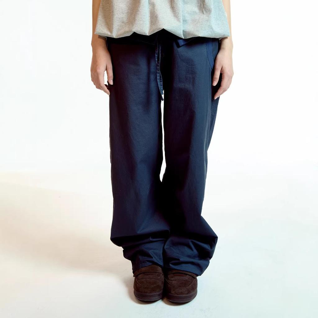 Women's Fold Waist Drawstring Cargo Wide Leg Pants Korean Coyseio Casual Straight Cotton Trousers