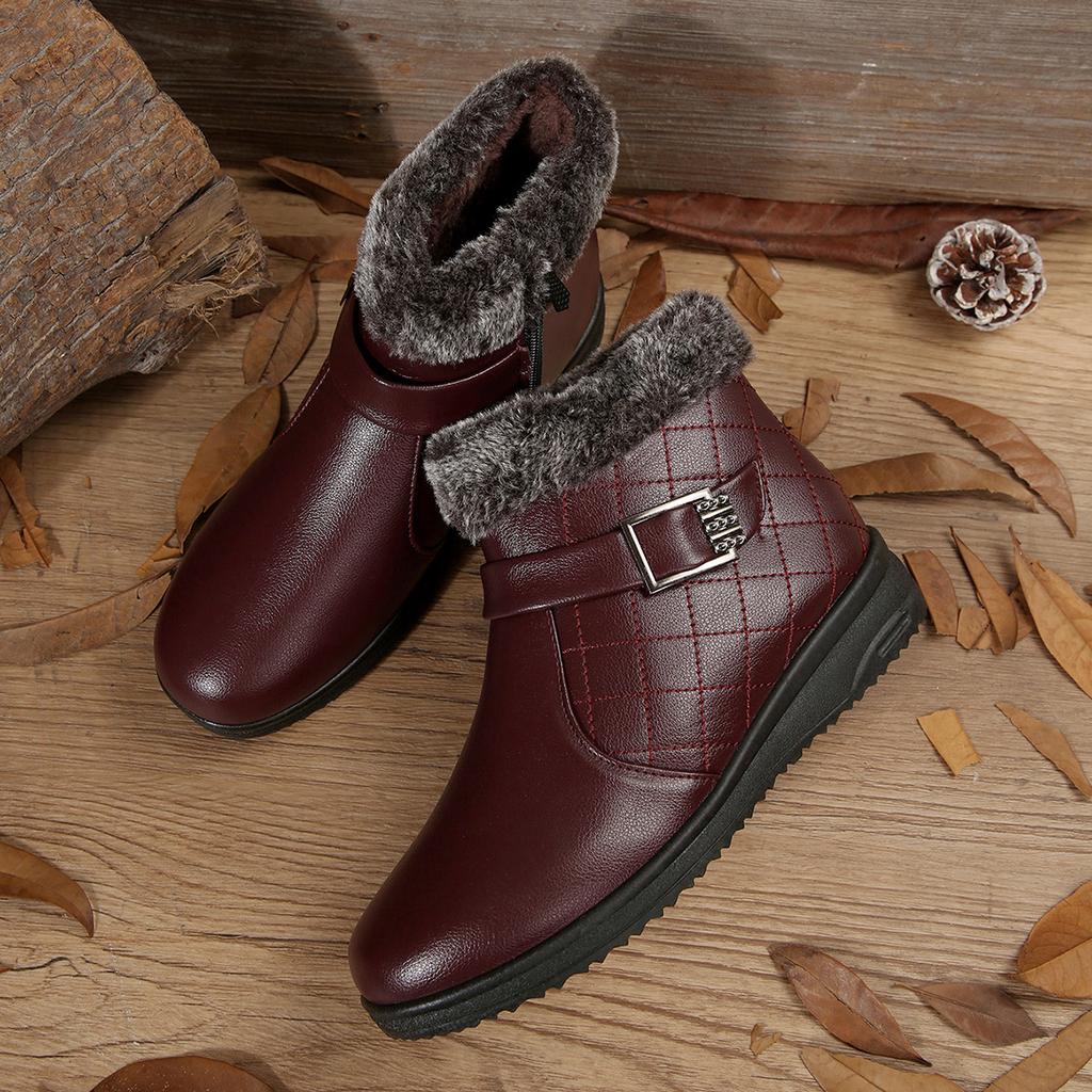 Damen Winter Warme Leder Stiefeletten Kunstfell Stulpe Seitenreißverschluss Verstellbare Schnalle Bequeme Flache Absatzschuhe Farbe 36-41