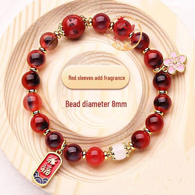 Red Sugar Heart Agate Lucky Bead Bracelet with Gold Foil and Ash Porcelain Glaze