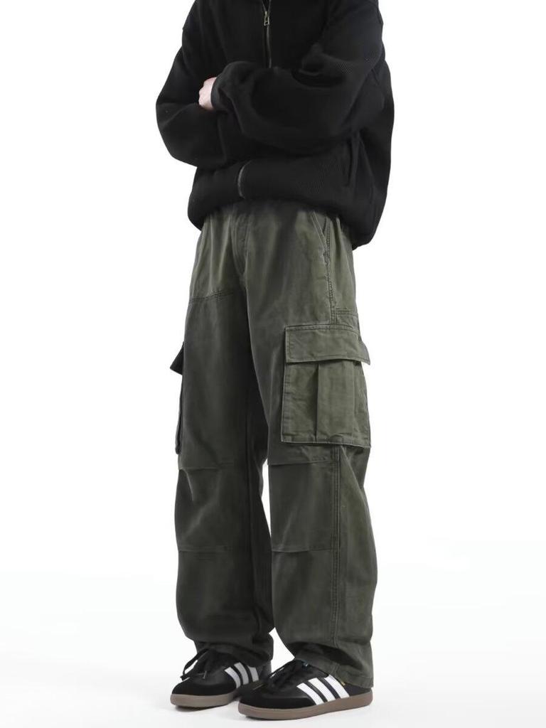 Men's Retro Punk Cargo Pants - Spring/Autumn 2025, Multi-Pocket, Heavyweight, Loose Fit, Straight Leg, Casual.