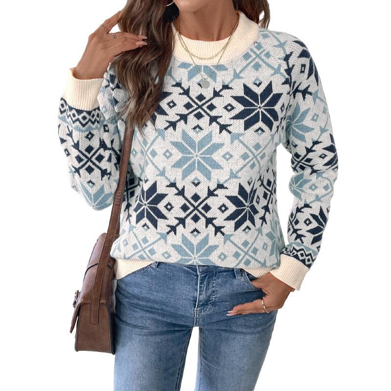 2026 Autumn/Winter Retro Nordic Snowflake Sweater: Women's Long Sleeve, Round Neck Geometric Pattern
