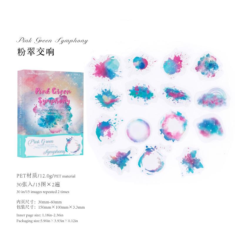 30 pcs/pack Watercolor splashes Style PET Stickers Adhesive Diy Hand Account Diary Album Scrapbooking Junk Journal Supplies