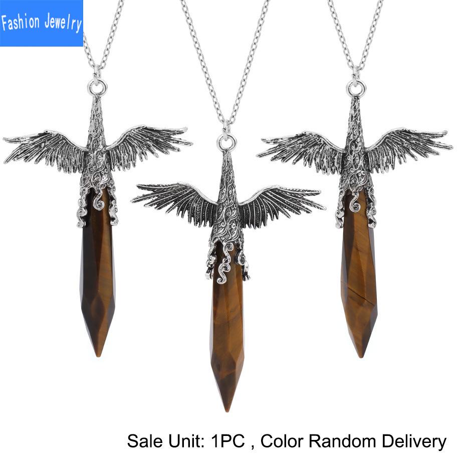 European and American fashion angel wings natural crystal stone faceted hexagonal column pendant necklace necklace