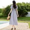 VICTORIA&VERA Women's Plaid Square Neck Puff Sleeve Midi Dress