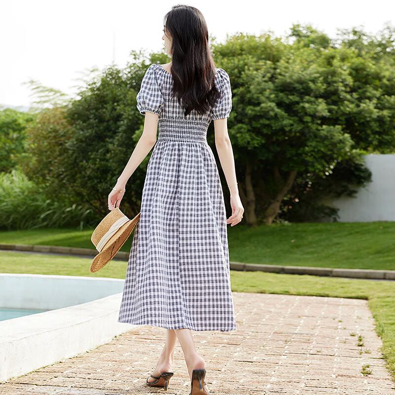 VICTORIA&VERA Women's Plaid Square Neck Puff Sleeve Midi Dress