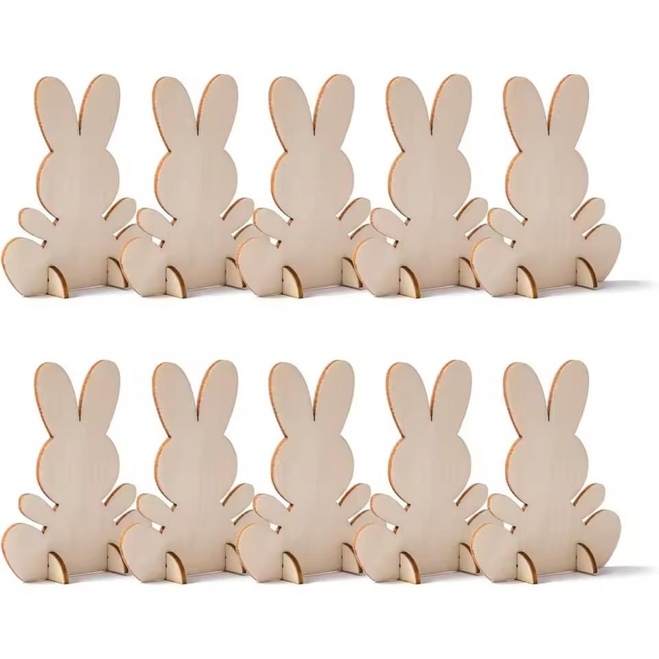 10pcs Unfinished Wooden Easter Bunny 3D Rabbit Wooden Stand Ornament Cutouts Craft for DIY Painting Table Decoration