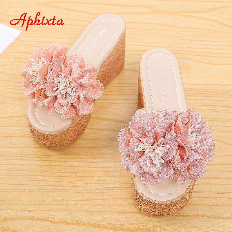Aphixta 3.54 Inch Wedge Heel Women's Slides Cotton Fabrics Appliques Shoes Slippers Flip Flops Platform Beach Plus Size 42 43