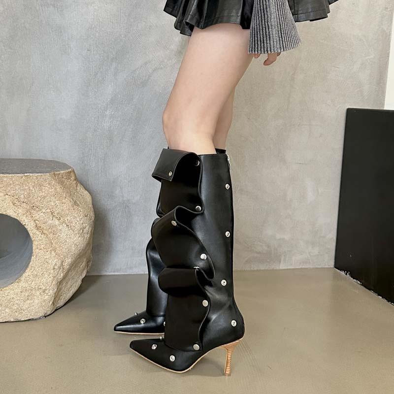 Cowboy Pleated Pile Boots Women's Two Wear Long Boots High Boots Spice Girls Stiletto Pointed Knight Boots