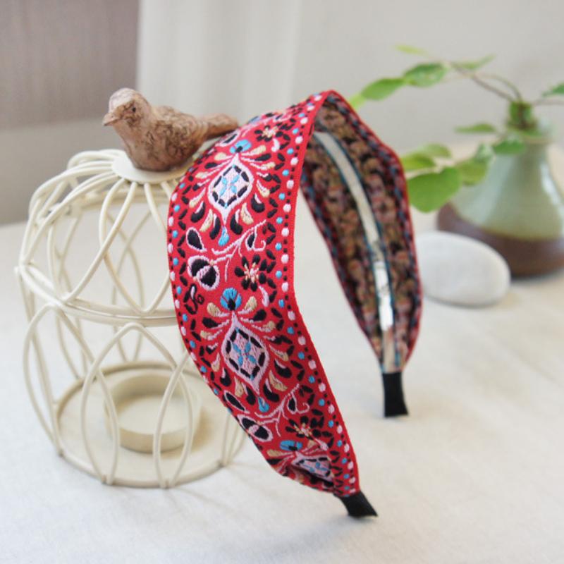 

1 шт. женские богемные повязки для волос с этнической вышивкой и цветочной лентой, повязка на голову, аксессуары для волос, красивый широкий тюрбан с этническим узором 1PC