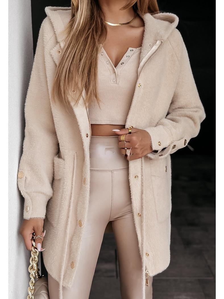 

2024 Городская мода Шерстяное пальто с капюшоном, кулиской на талии и металлической пряжкой-молнией L абрикосовый