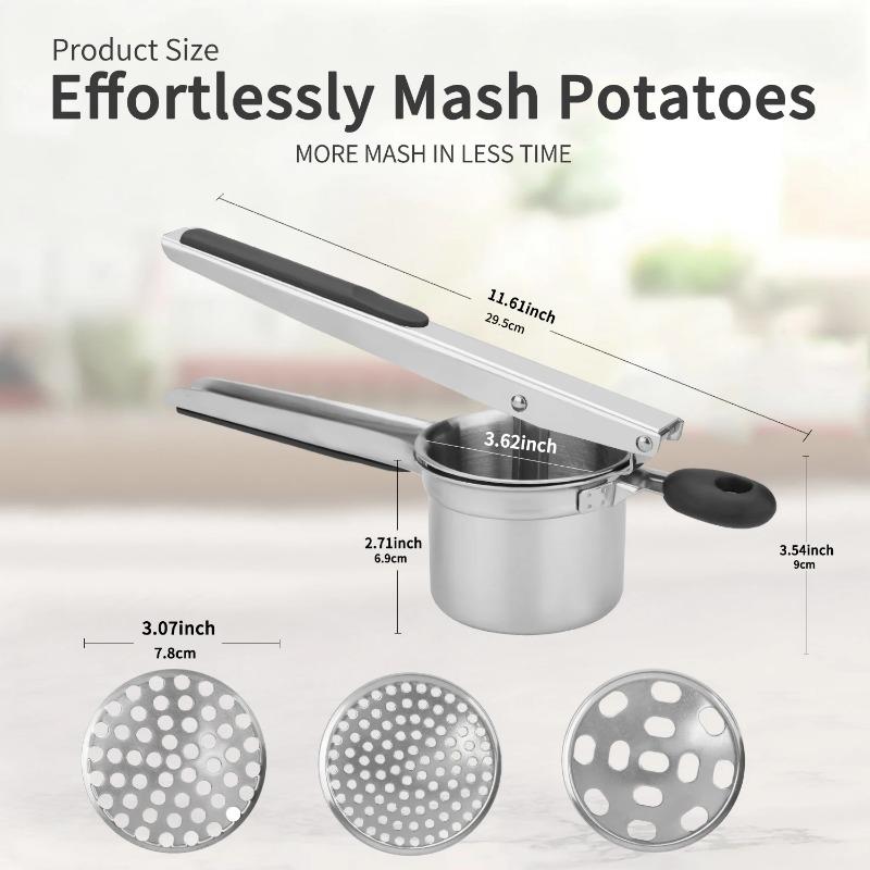 Stainless Steel Potato Masher Heavy Duty Ricer For Mashed Potatoes Potato Press and Kitchen Gadget 3 Interchangeable Discs