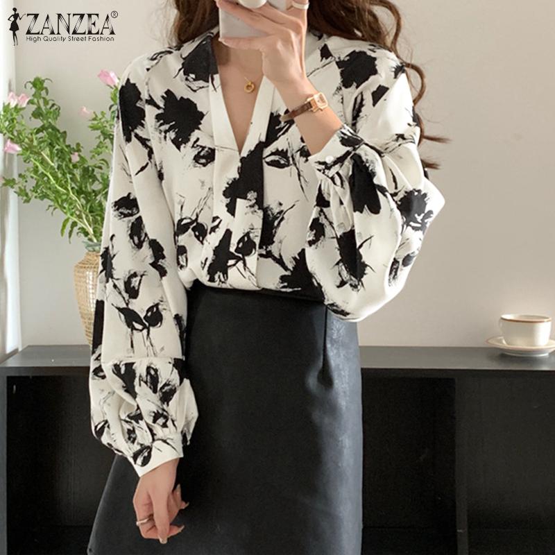 

ZANZEA Женская повседневная свободная блузка с длинным рукавом и v-образным вырезом с принтом