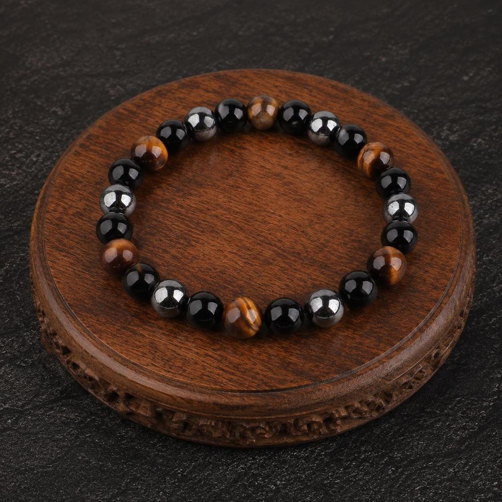Triple Protection Men's Bracelet, Tiger Eye Black Onyx Bracelet for Men, Hematite Beaded Stretch Bracelets, Handmade Jewelry For Gift DB-9