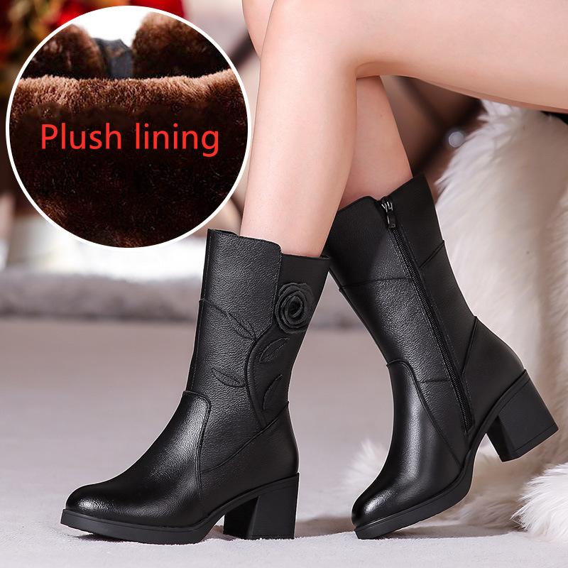 Fashion GKTINOO Women Ladies Female Mother Genuine Leather Mid Calf Boots Shoes Winter Plush Fur Warm Floral Zipper Plus Size 41 42