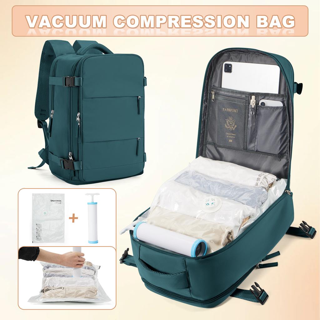 Ryanair 40x25x20 Reise-Rucksack Großes Fassungsvermögen Faltbare Wandertasche mit Vakuumbeuteln Manuelle Kompressionspumpe, Aufbewahrungsrucksack