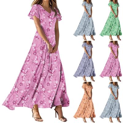 Damen Sommerkleider Lässiges Sommerkleid Lockerer V-Ausschnitt Fließende Rüschen Kurzarmkleider