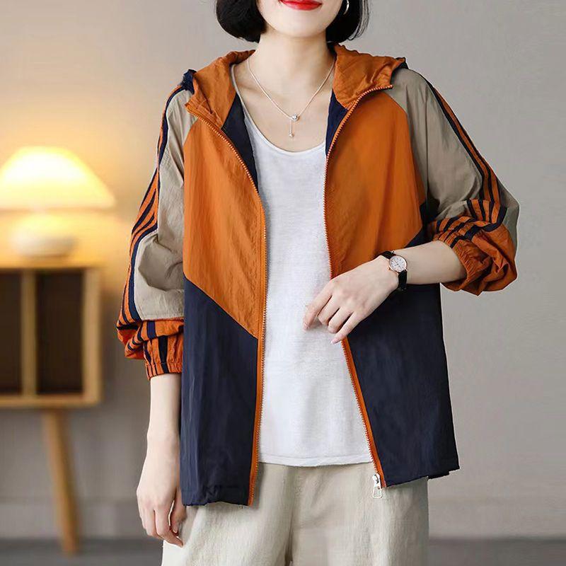 Color Blocking Patchwork Hooded Sunscreen Jacket for Women Women's