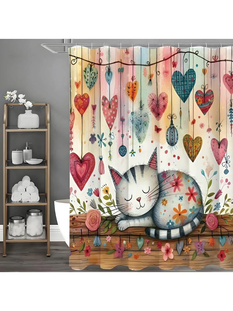 

Cute Cartoon Cat Love Flower And Grass Shower Curtain, Bathroom Decorative Shower Curtain, Waterproof Shower Curtain With Hooks W60H190(CM)-1 Pcs